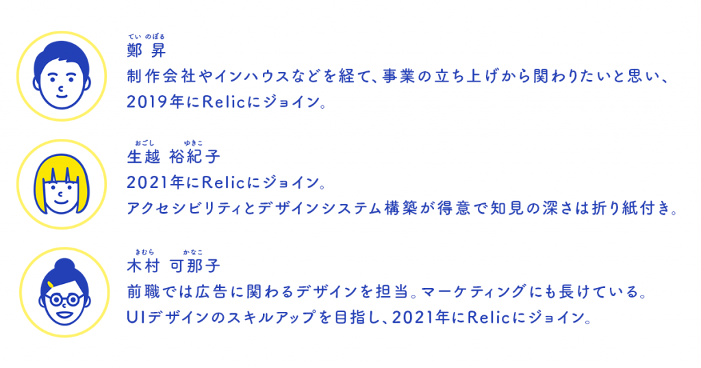 鄭 昇（てい のぼる） 制作会社やインハウスなどを経て、事業の立ち上げから関わりたいと思い、 2019年にRelicにジョイン。 生越 裕紀子（おごし ゆきこ） 2021年にRelicにジョイン。 アクセシビリティとデザインシステム構築が得意で知見の深さは折り紙付き。 木村 可那子（きむら かなこ） 前職では広告に関わるデザインを担当。マーケティングにも長けている。 UIデザインのスキルアップを目指し、2021年にRelicにジョイン。